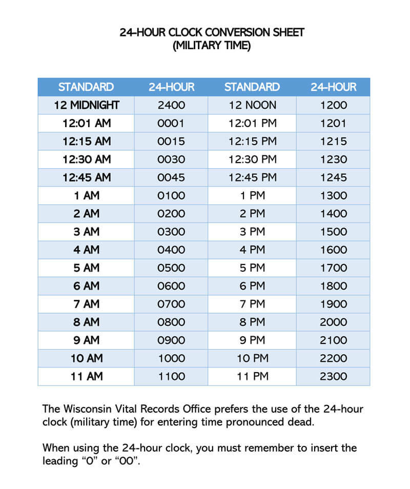 24 Hour Time Clock Conversion Chart