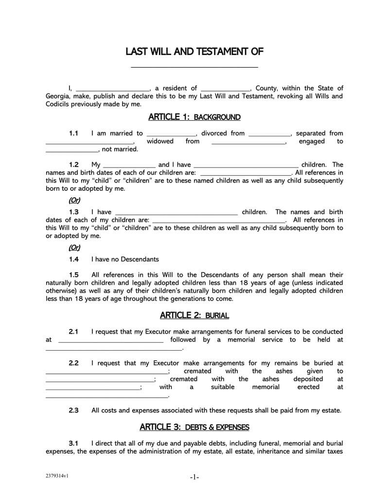 Free Printable Last Will And Testament Blank Forms