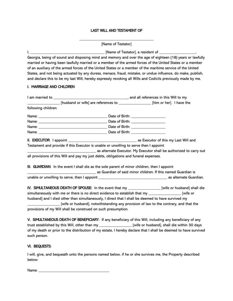Free Will Testament Forms Printable Printable Forms Free Online