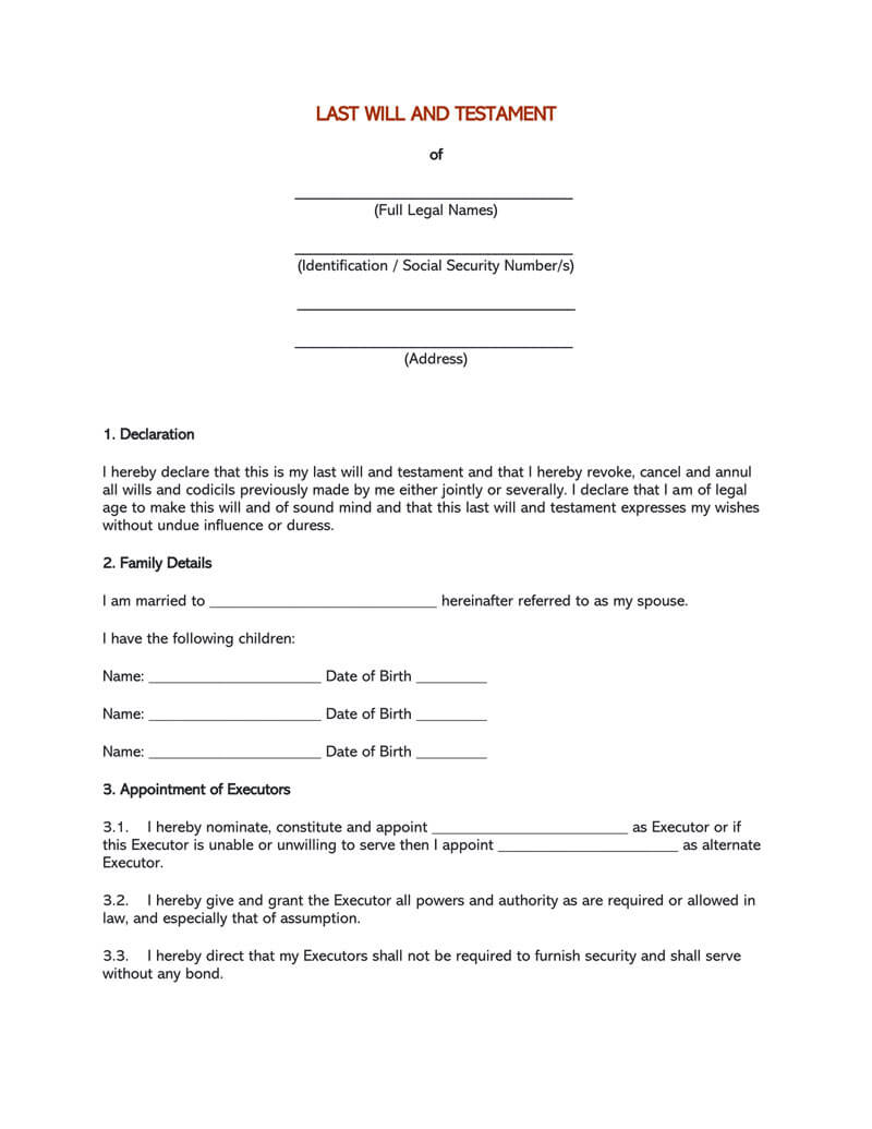 Free Last Will And Testament Forms And Templates Word Pdf