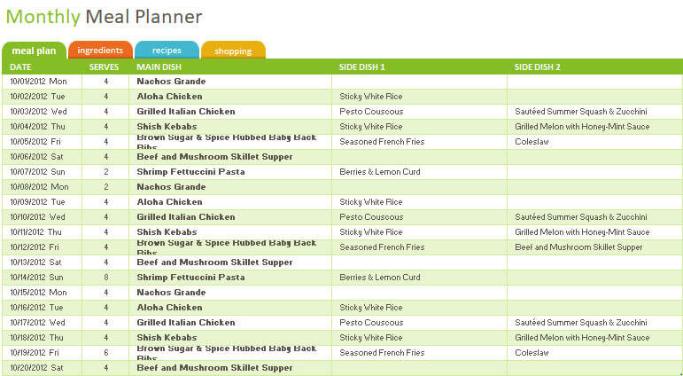 Meal Planning Chart Excel