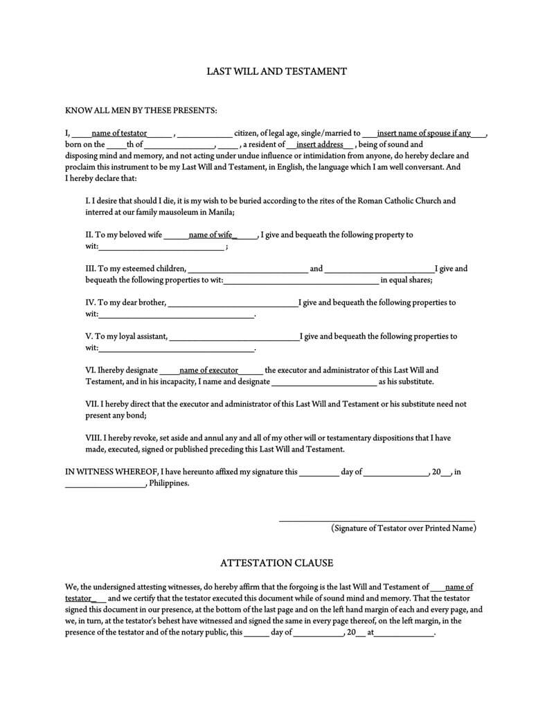 Standard Last Will And Testament Template