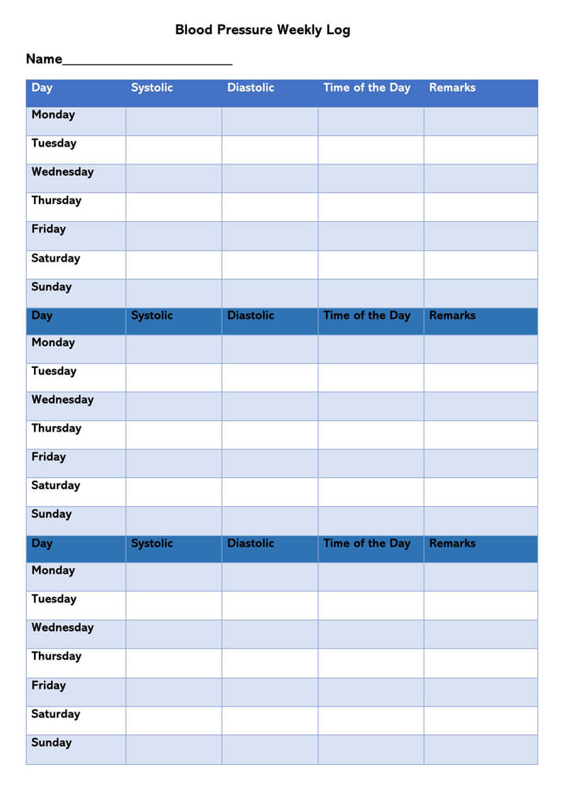 Blood Pressure Weekly Log Template