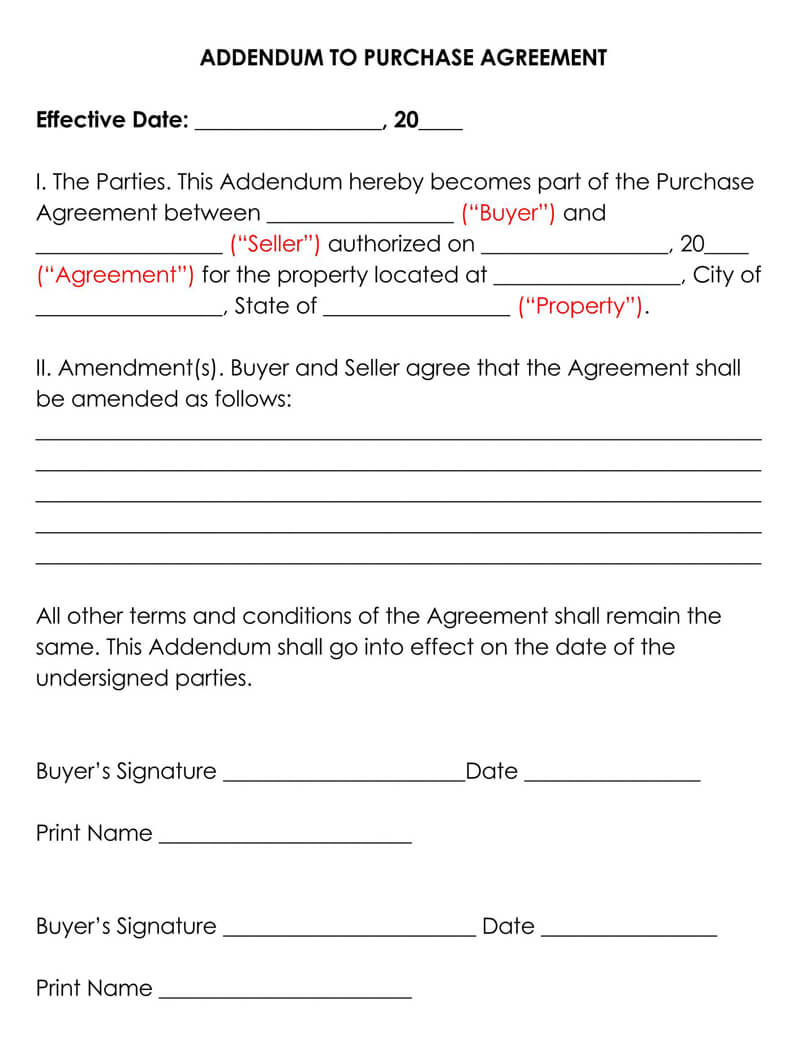 Addendum to Purchase Agreement Form Iowa