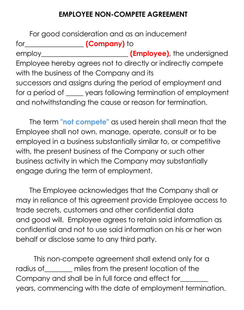 Free Employee Non-Compete Agreement Form