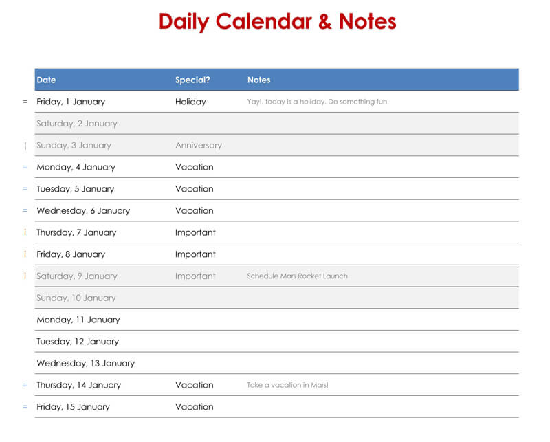 Daily Calendar and Notes Excel Template