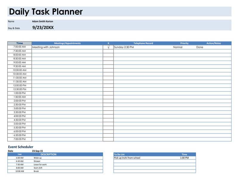 Daily Planner Excel Template from www.doctemplates.net