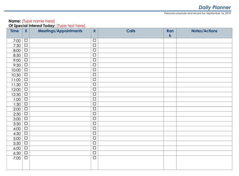 30 Free Daily Planner Templates For Word Excel Pdf