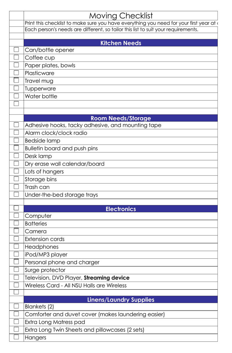 General College Moving Excel Checklist