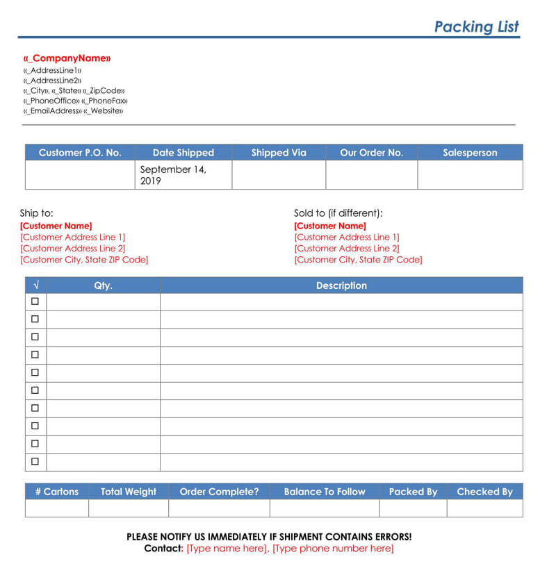 Packing List Template