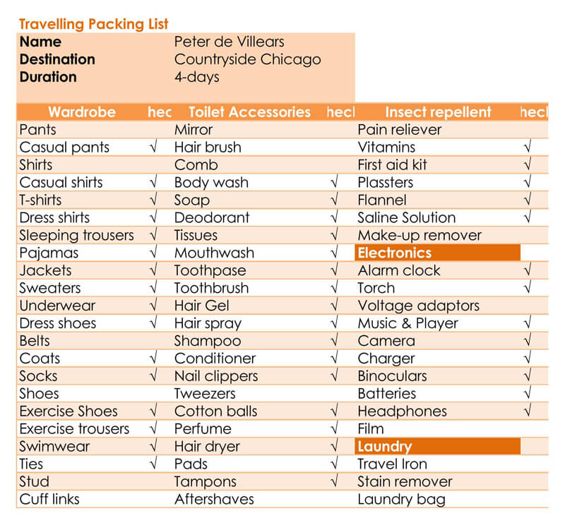 Travelling Packing Excel Checklist
