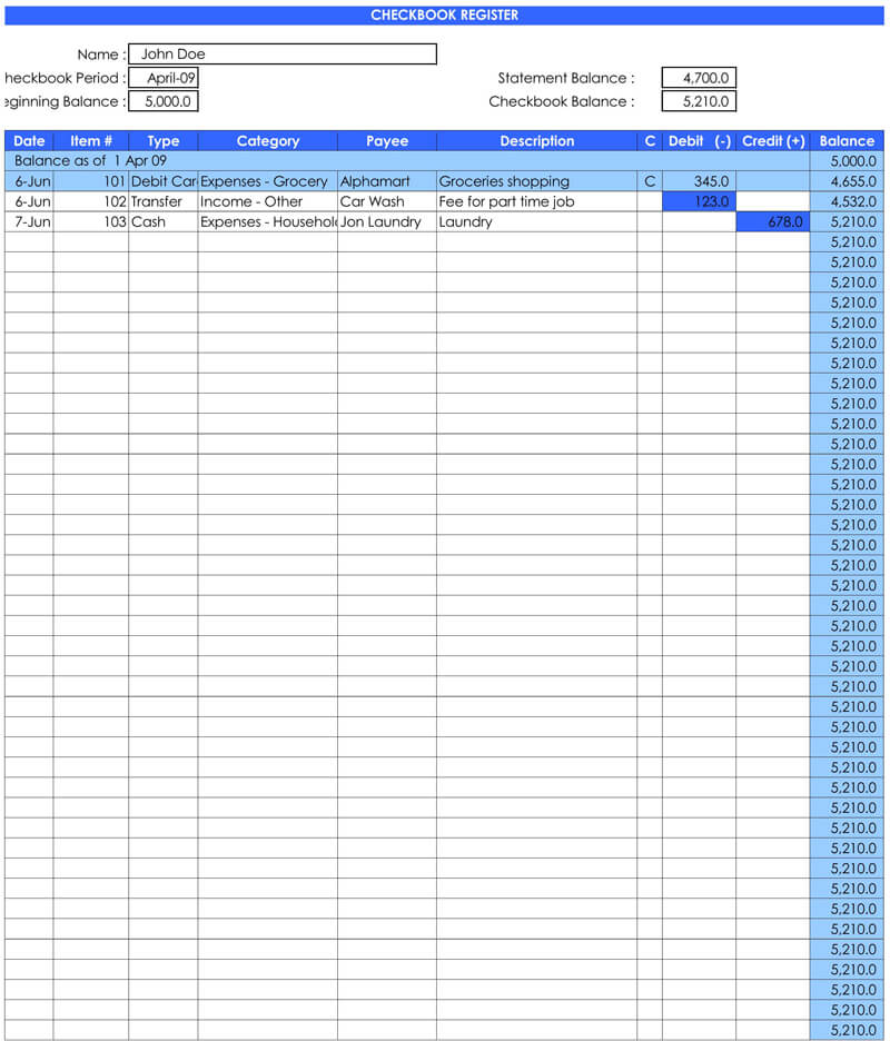 Checkbook Register Excel Template 07
