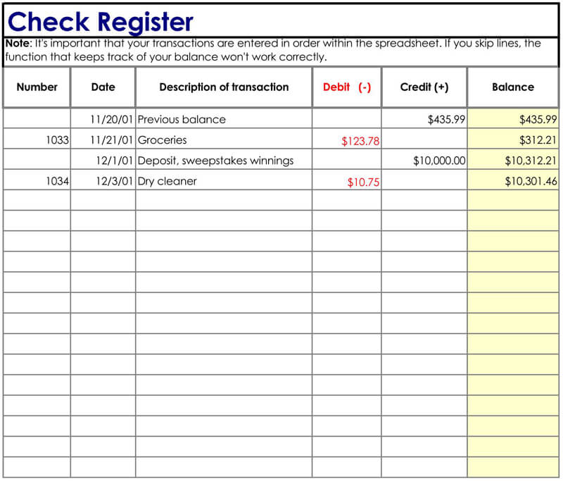 Checkbook Register Template Excel