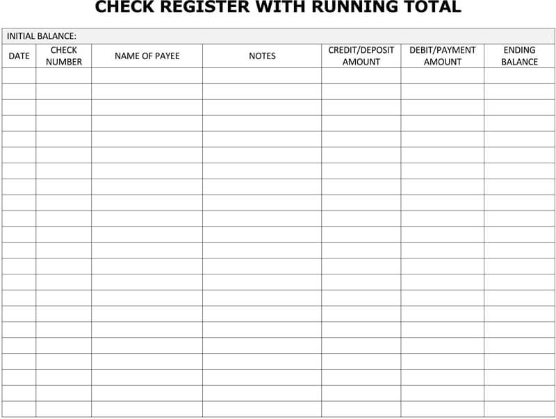 Checkbook Register with Running Total Template