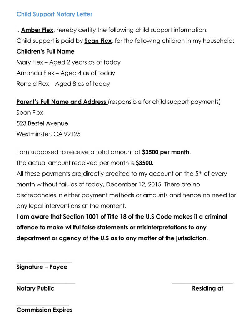 Child Support Notary Letter