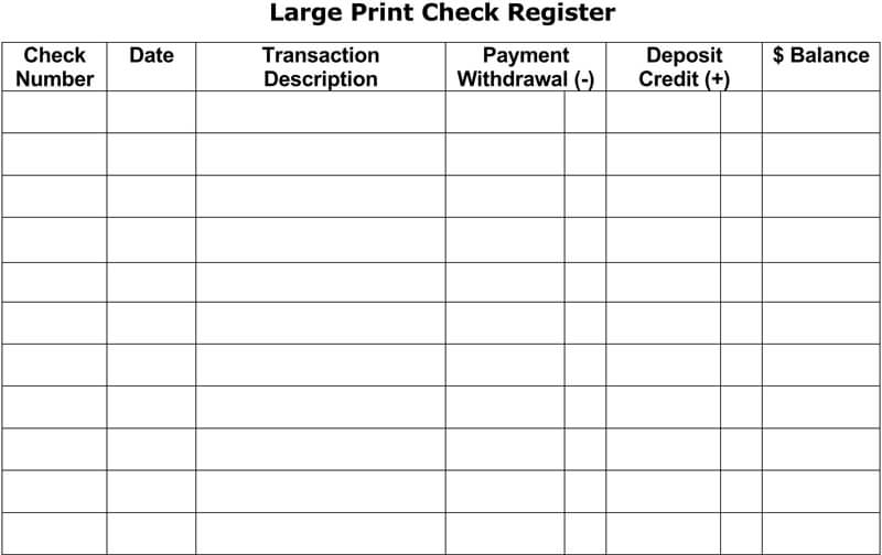Large Printable Checkbook Register Template