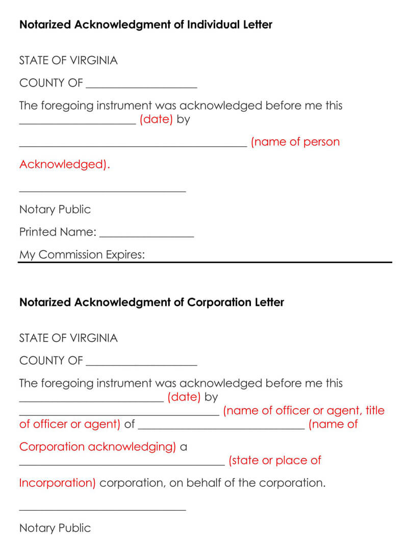 Notarized Acknowledgment of Individual Letter