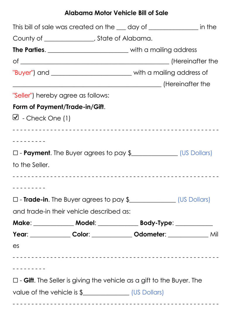 Free Motor Vehicle Bill of Sale Forms & Templates (Word  PDF) Intended For legal bill of sale template