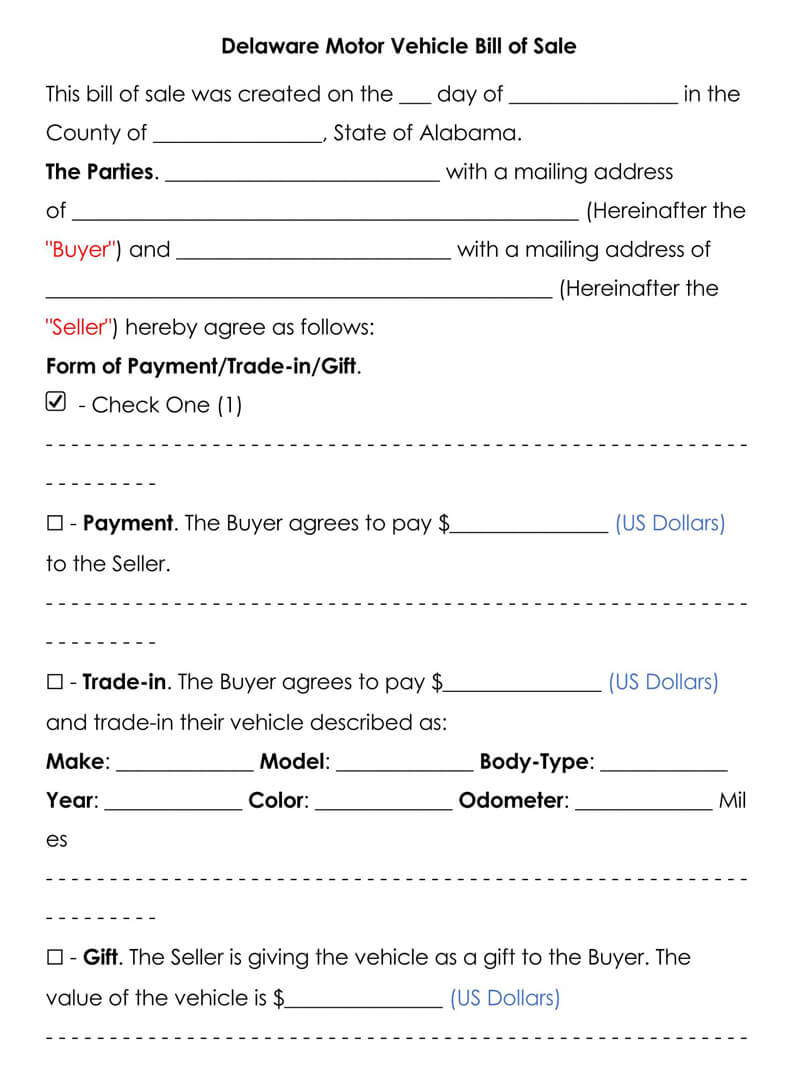 Free Motor Vehicle Bill of Sale Forms & Templates (Word  PDF) In Vehicle Bill Of Sale Template Word