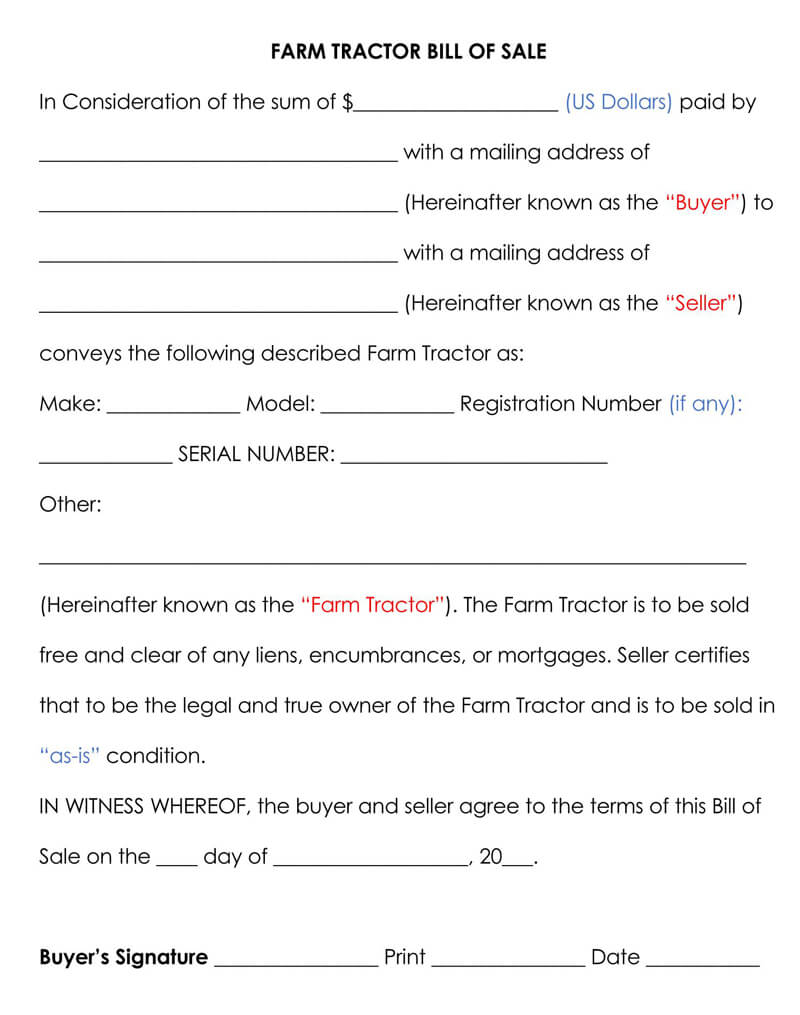 Free Tractor Bill Of Sale Forms Templates Word Pdf