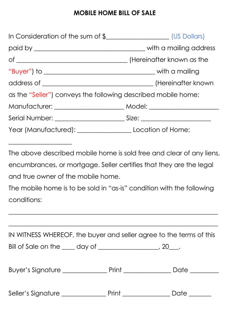 Mobile Home Bill of Sale Form