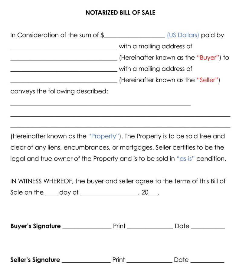 Notarized Bill of Sale Form