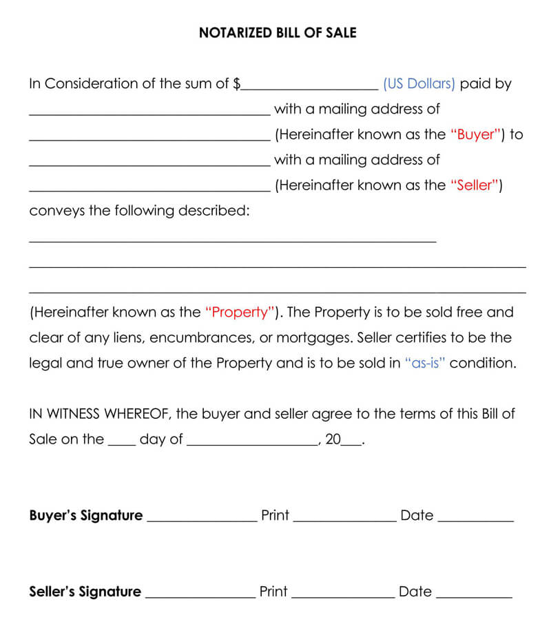 Free Notarized Bill Of Sale Forms Editable Word PDF
