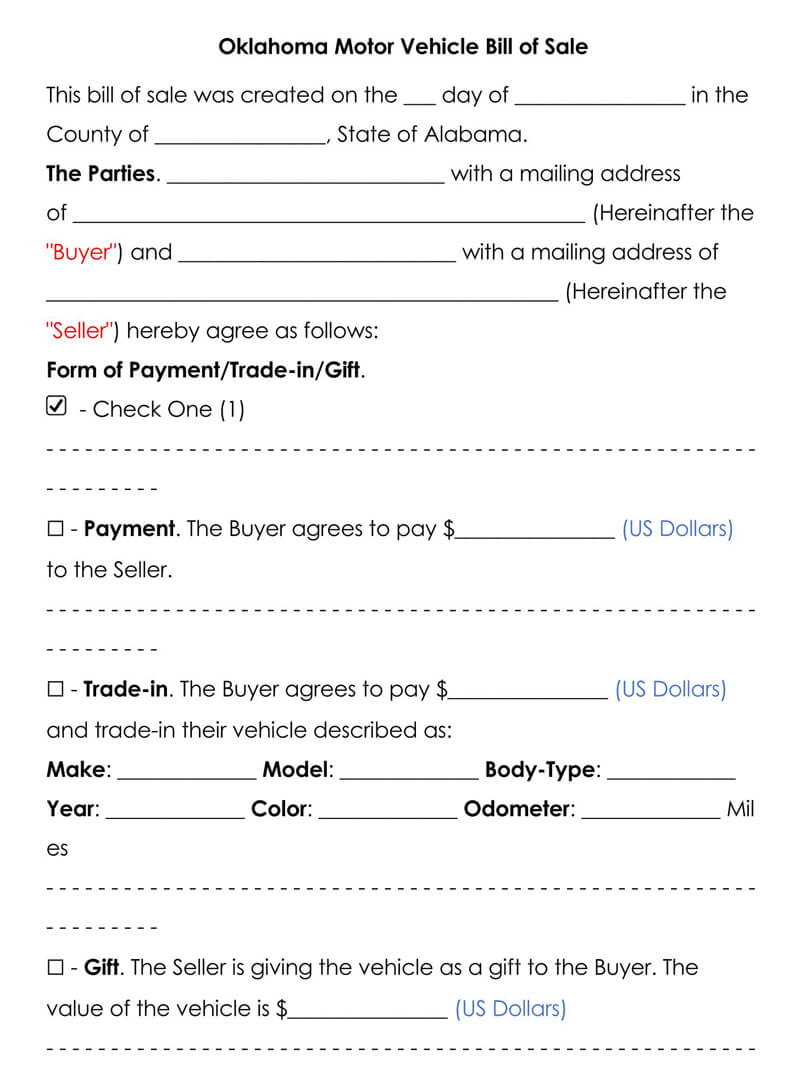 Free Motor Vehicle Bill Of Sale Forms Templates Word Pdf