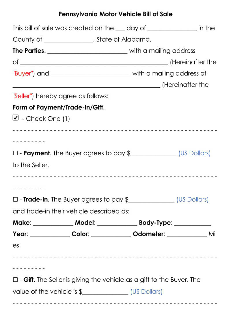 Free Motor Vehicle Bill Of Sale Forms Templates Word Pdf