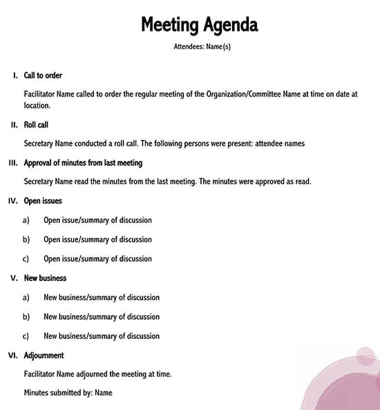 Creative meeting agenda template