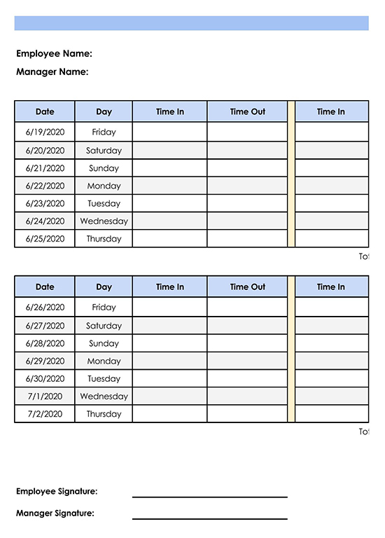 Bi-Weekly Employee Timesheet Excel