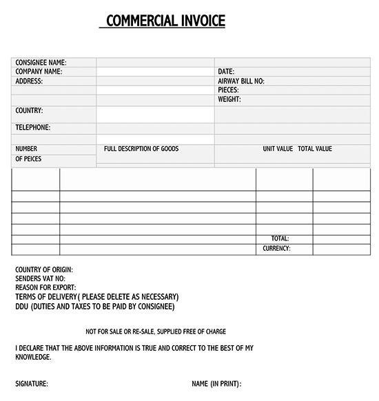 commercial invoice template ups