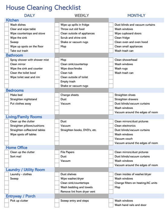Full House Cleaning Checklist 7 Free Printable Templates 