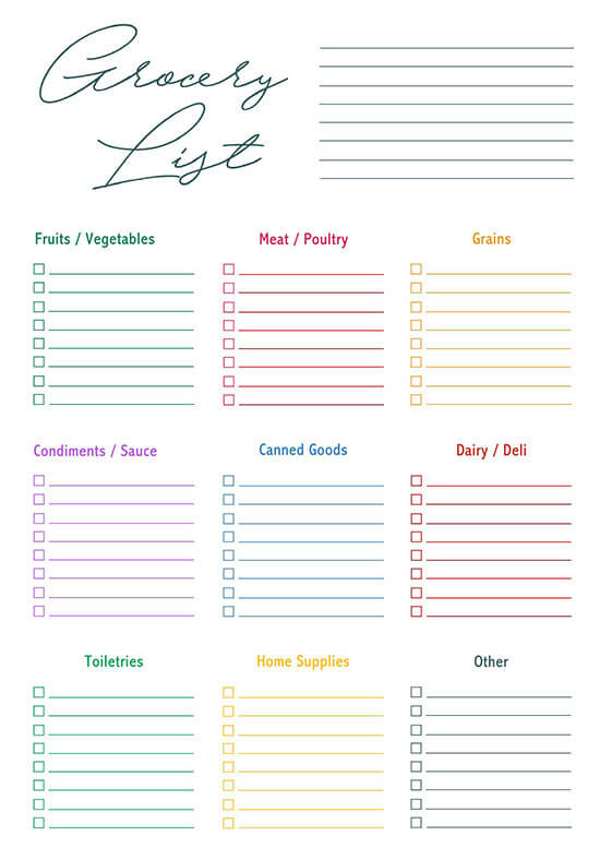 customizable grocery list template