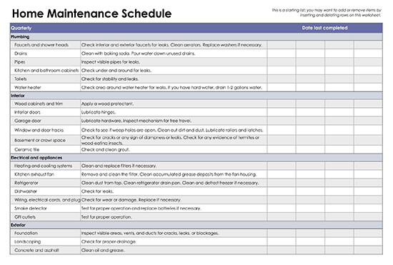 Homework Maintenance Schedule Template