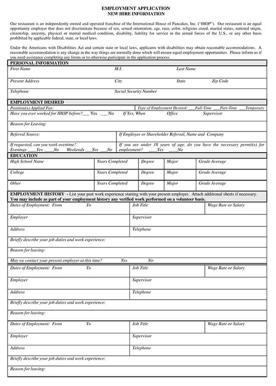 IHOP Employment Application New Hire Information