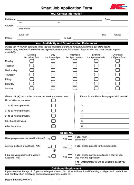 Kmart Job Application Form