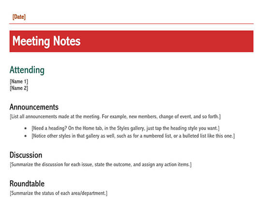 informal meeting minutes template