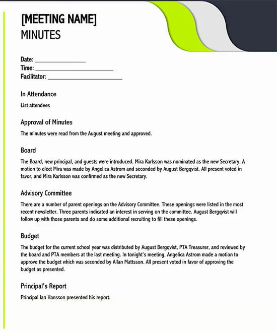 Pta Minutes Template from www.doctemplates.net