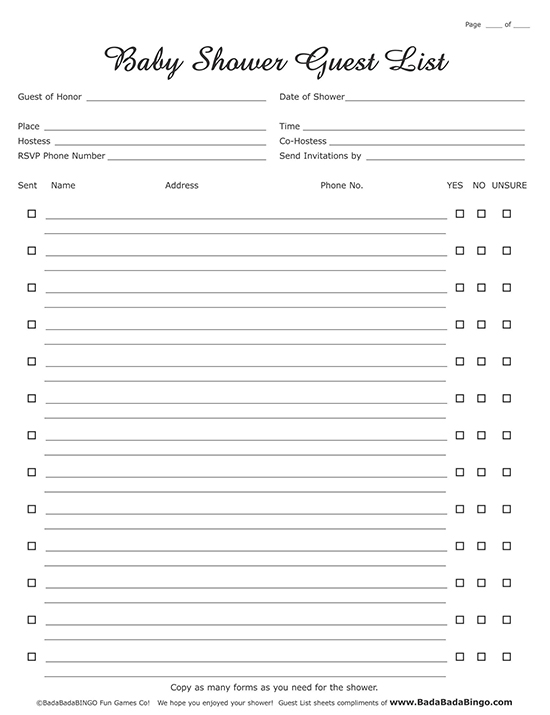 baby shower guest list template