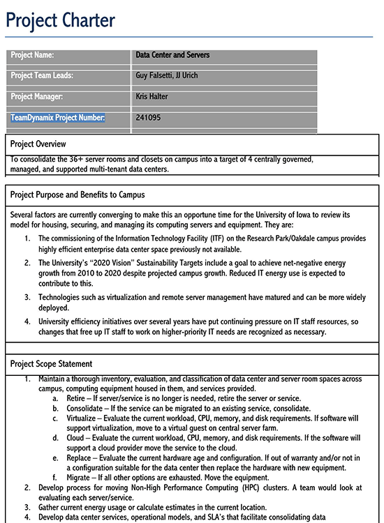 one page project charter template