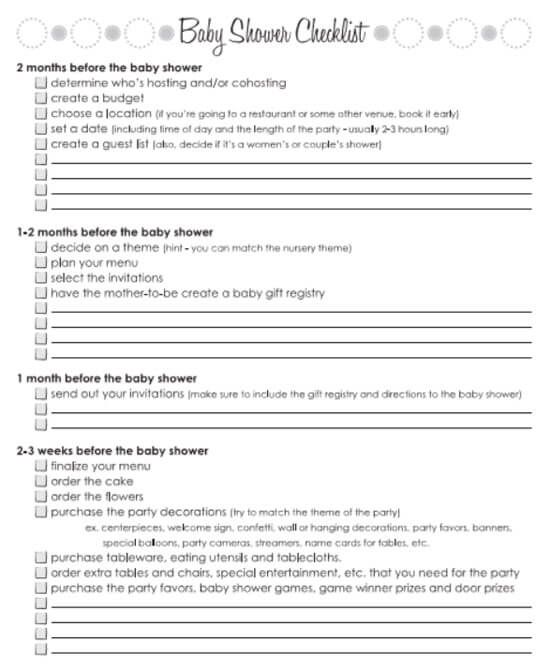 Sample of Baby Shower Checklist
