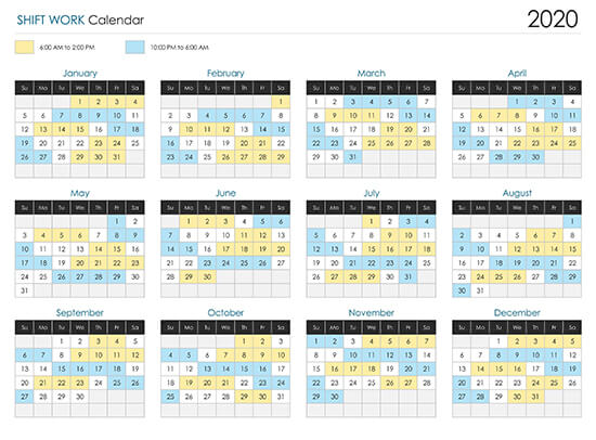 Shift Work Calendar Year at a Glance