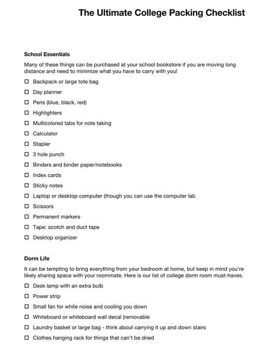 Printable College Dorm Checklist