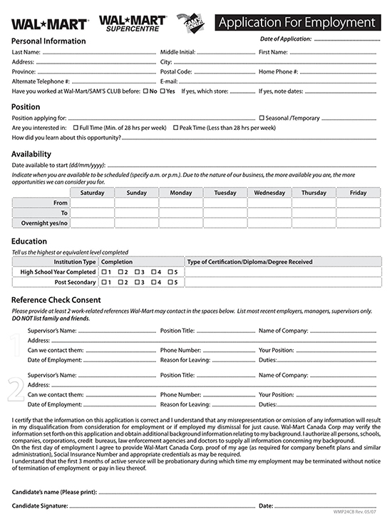 WalMart Application for Employment Fiilable