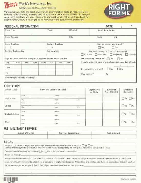 Wendys Job Application Form