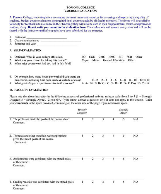 evaluation form for students