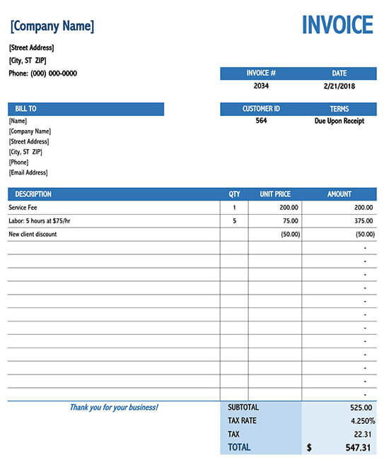 tax invoice template excel