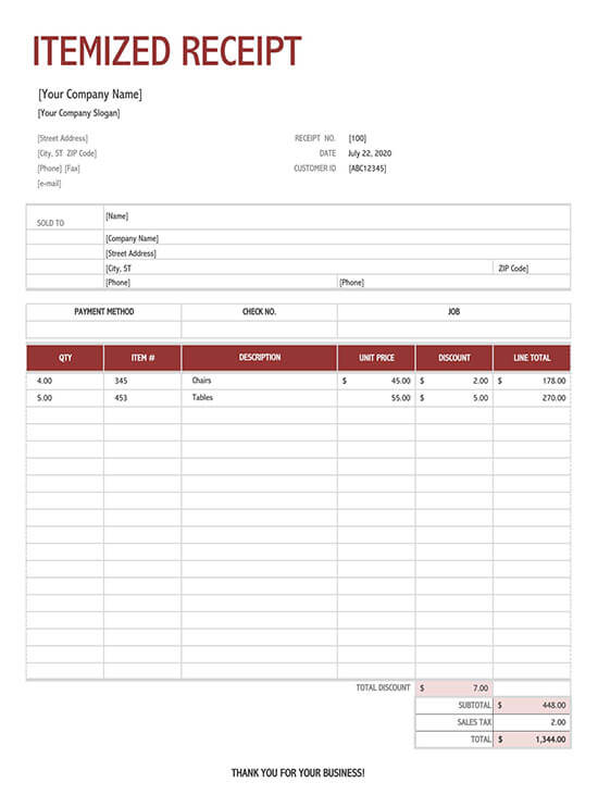 itemized receipt template excel