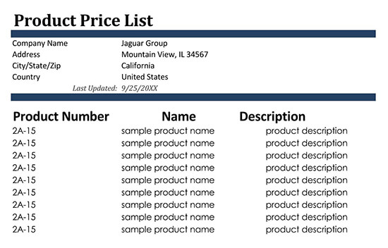 Price List Excel Template 02